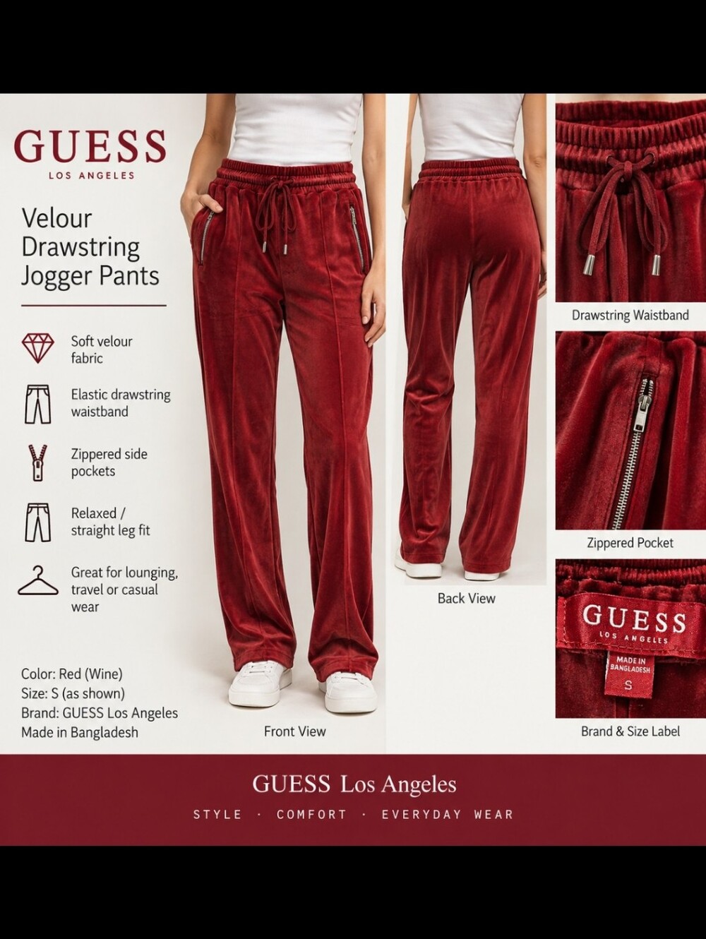 GUESS Red Velour Drawstring Pants – Size Small